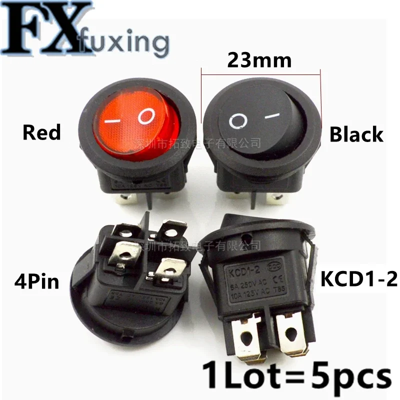 5ชิ้น/ล็อต KCD1 224N 23มม.4ขา250V 6A เรือ Snap-In SPST ON OFF rocker ตำแหน่ง KCD1-2 KCD1-224สีแดงสีดำใหม่