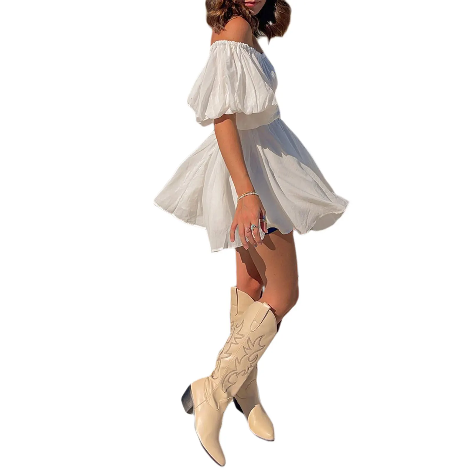 Robe d'été décontractée pour femmes, couleur unie, élégante, manches courtes bouffantes, épaules dénudées, tunique pour fête