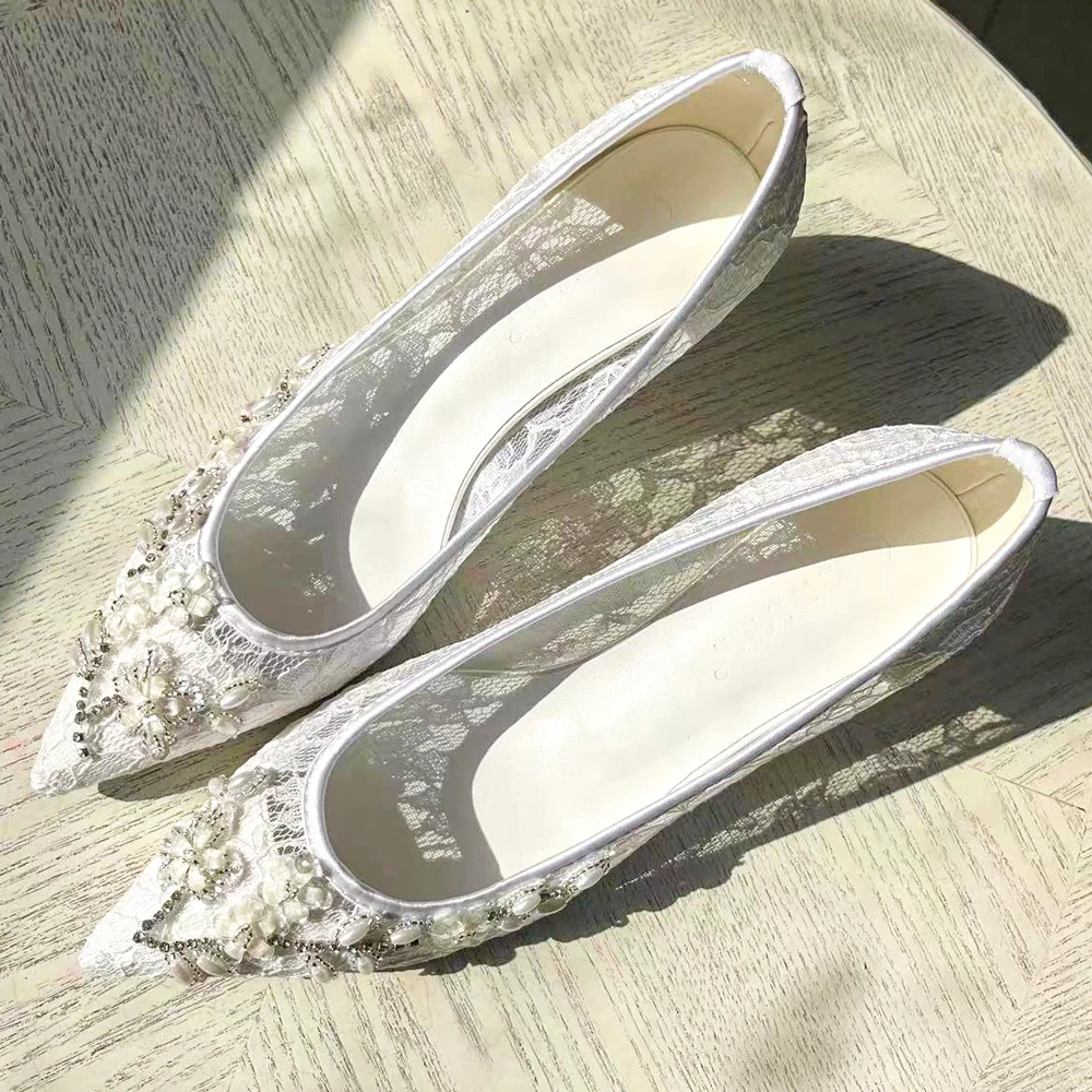 Bride Stiletto Mesh Lace Flowers White News Design Women Wedding Dress Shoes 5cm Middle High Heels Customize Lady Pumps