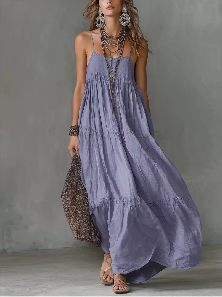 

New Summer Spaghetti Strap Boho Maxi Dress Woman Sexy O-neck Loose Pleated Long Dresses Spring Sleeveless Fashion Vacation Dress