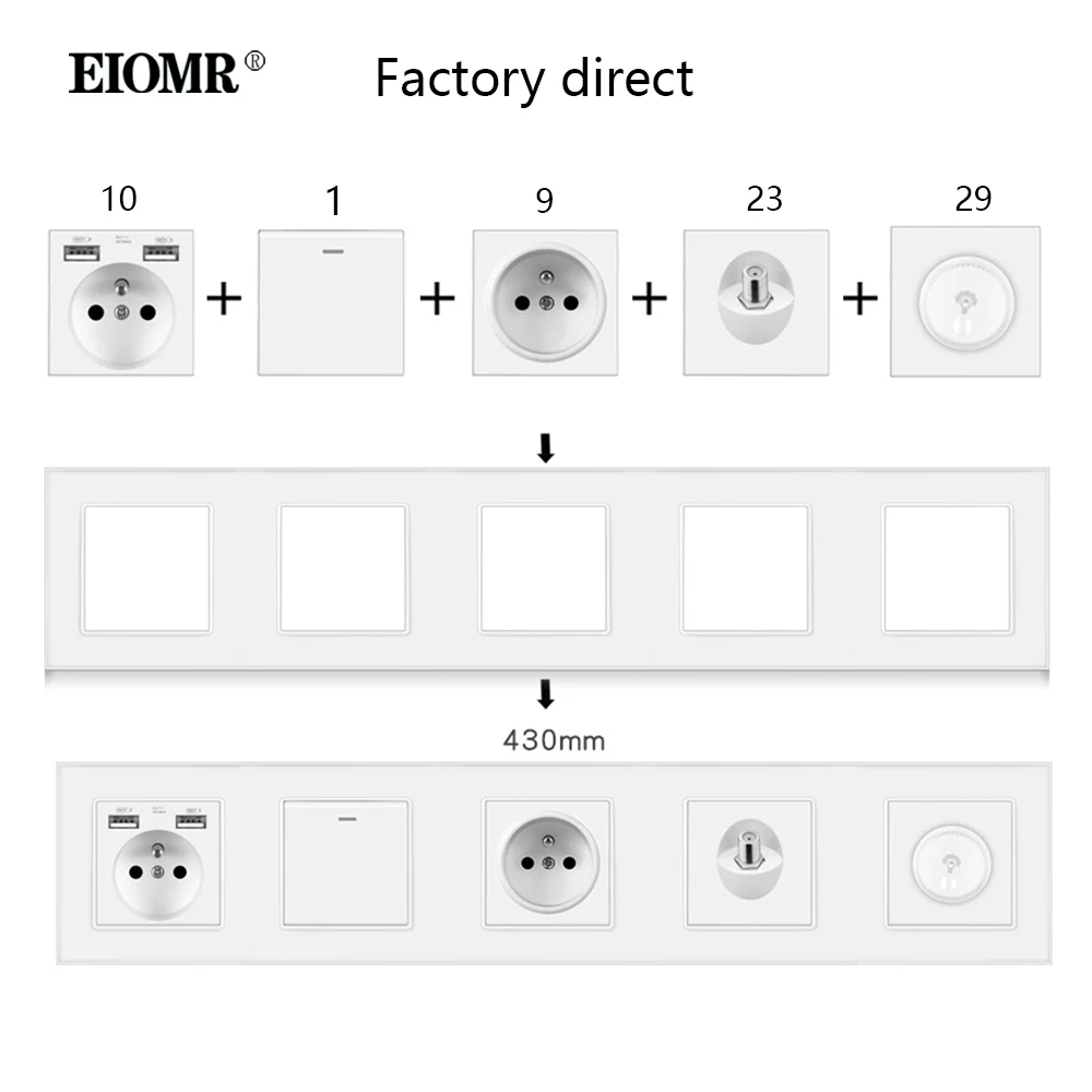EIOMR G1 Series White Glass Panel Wall Switch EU French Power Socket USB Type-C TV RJ45 DIY Module Suitable for 86 Square Boxes