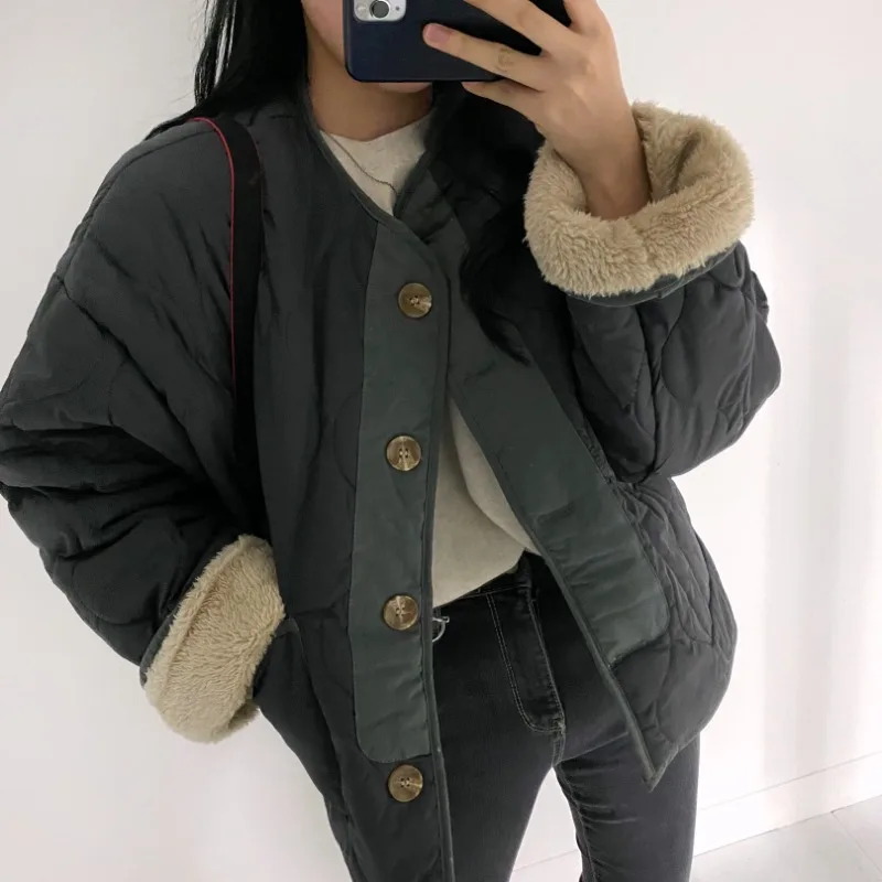 Double-sided Winter All-match Tops Diamond Single-breasted Loose Lamb Wool Cotton-padded Coats 2024 Winter Korean Chic Jackets