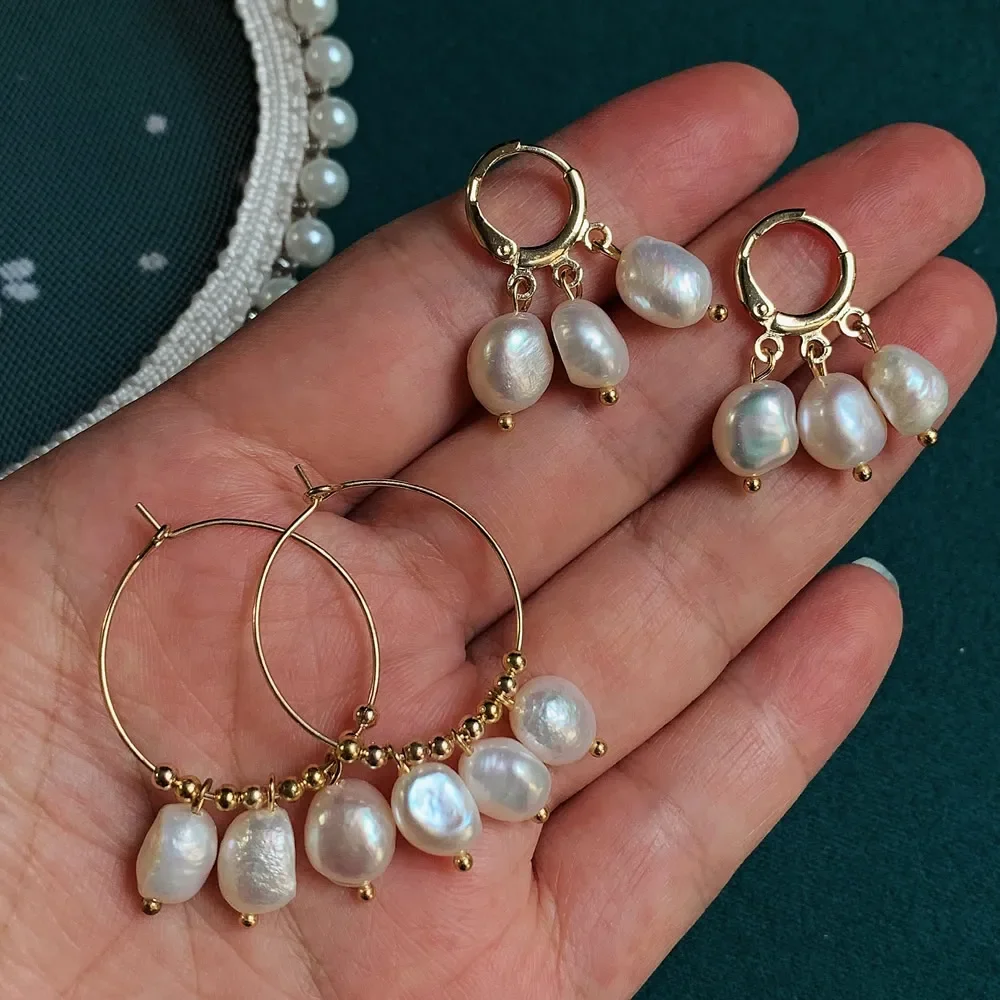 Real Natural Freshwater Pearl Hoop Earrings for Women Irregular Baroque Pearl Tassel Stainless Steel Huggie Ear Loop Earring