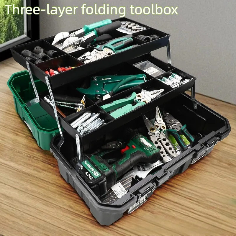 Multifunctional Tool Case Three Layer Folding Storage Box Large Capacity Waterproof Suitcase Portable Worker Tools Organize Box