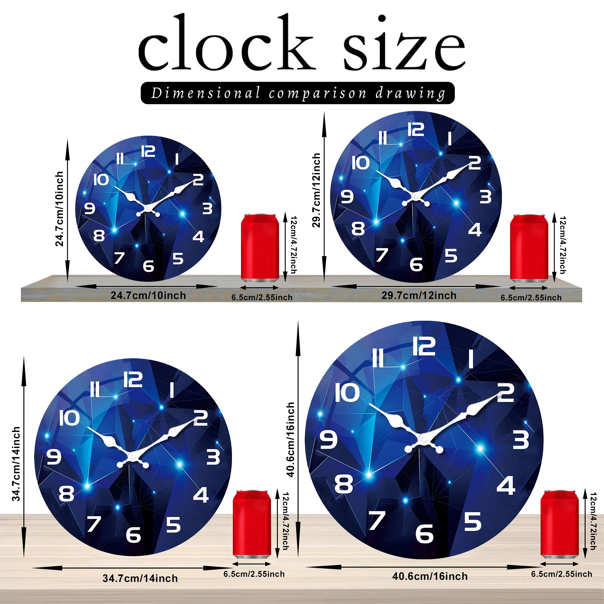 ساعة حائط خشبية قطعة واحدة، عناصر هندسية - ساعة حائط بتصميم خيال أزرق داكن، ساعة كوارتز صامتة، لغرفة المعيشة وغرفة النوم،