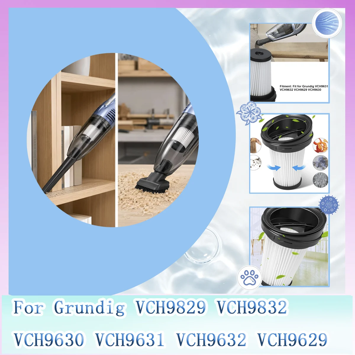 HEPA Filter for Grundig VCH9829 VCH9832 VCH9630 VCH9631 VCH9632 VCH9629,2in1 Cordless Handheld Vacuum Part 9178008590