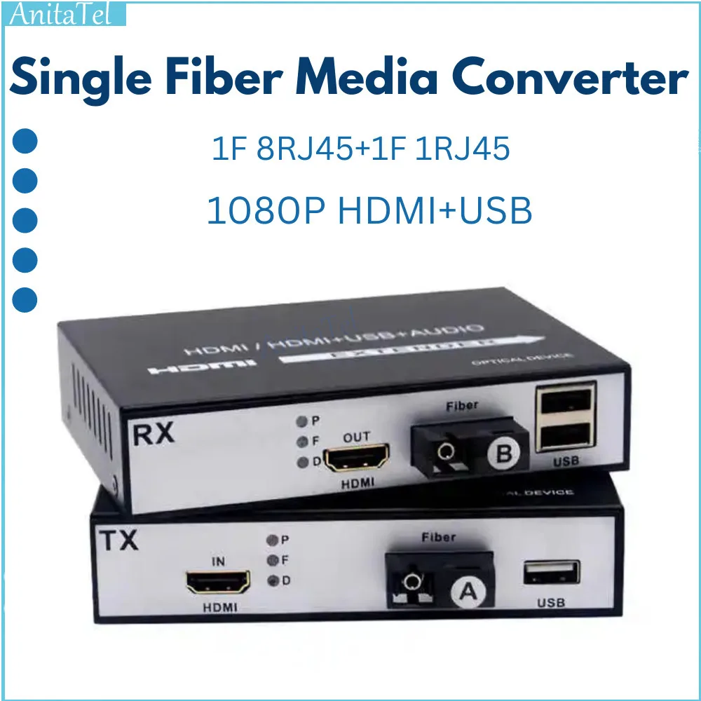 Fiber Optical Transceiver 1Pair 1-Channel 1080P HDMI+USB KVM Over Fibre Extender Up To 20KM Mode Single SC HDMI