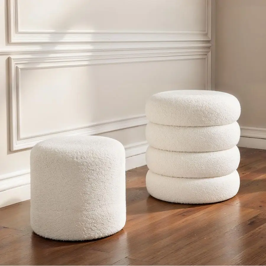 

Round Set of 2 Sherpa Storage Ottoman Stool Boucle Vanity Stool Footstool with Removeable lid Load up to 440 lbs fo Customizable