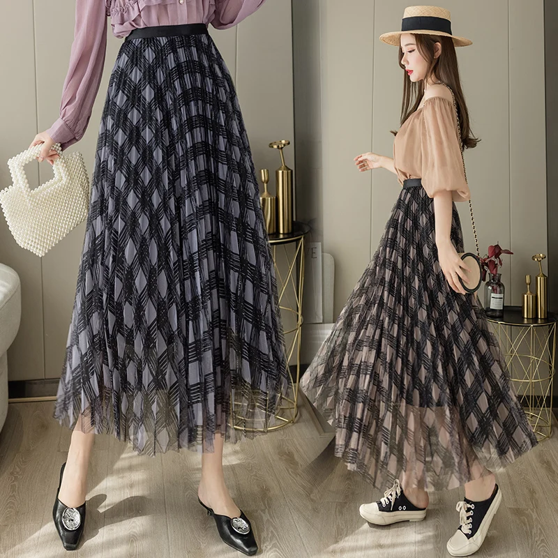 

Новая весенняя женская юбка больших размеров в клетку с эластичным поясом, А-силуэт, миди, из фатина, с расклешенным подолом, с завышенной талией, пышная, в стиле феи