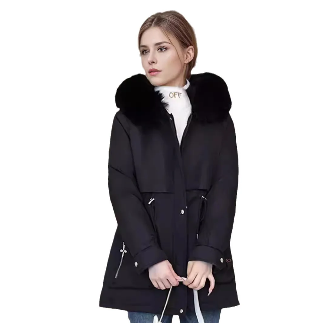 YJKDYK Women\'s Parkas Ccoats 2024 Winter Female Fur Collar Warm Cotton Jacket Women\'s Drawstring Waist Cinching Jacket Coats