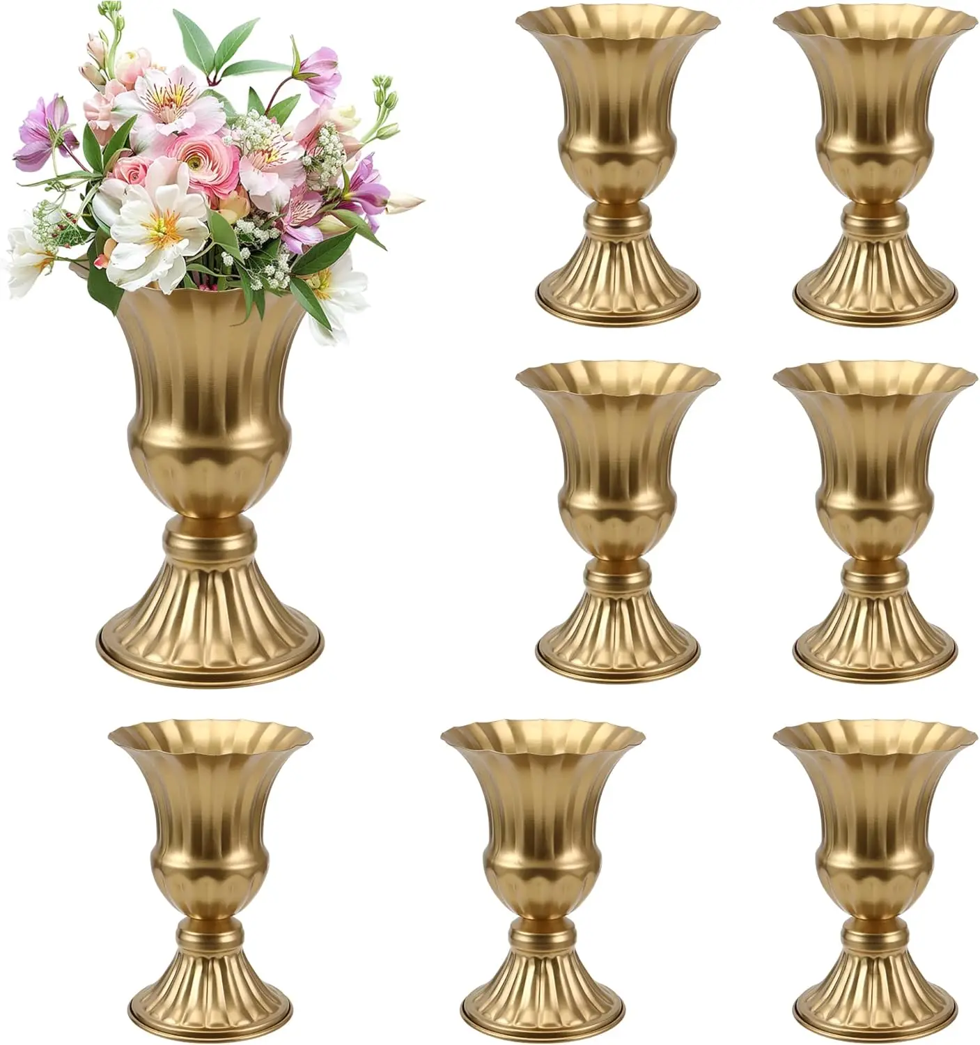 

Gold Vases for Centerpieces Set of 8, Urn Vases with Vintage Pedestal Design, Metal Trumpet Vases for Wedding Table Decor