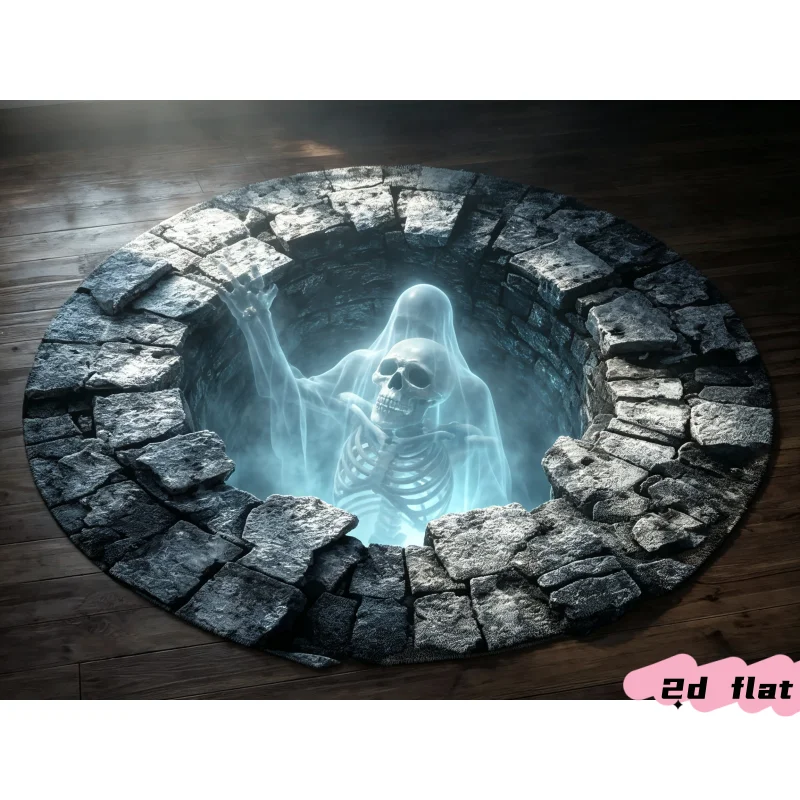Round Halloween Theme Area Rug 2D Illusion Horned Demon Pumpkin Lava Pit Art Graphic Rug for Indoor Living  Bedroom Home Space