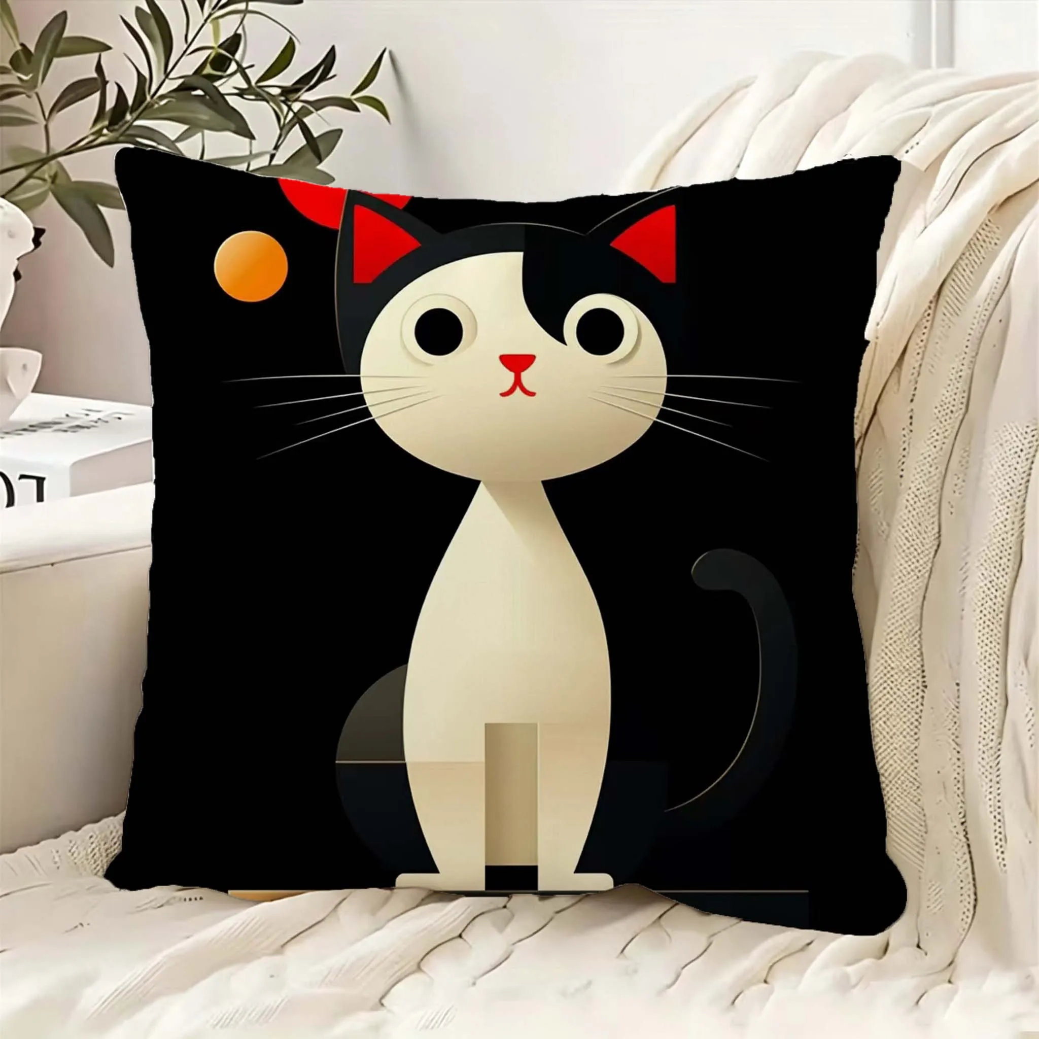 Cute Black White Cat Pillowcase, Kawaii Cartoon Kitten Cushion Cover, Red Bow Pet Art, Funny Animal Home Decor, Soft Living Room