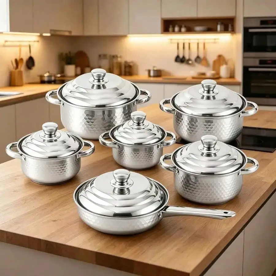 12-Piece Cookware Set Heavy Duty Silver Stainless Steel Pots and Pans Set With Lids Hammered Finish Kitchen Cookware Set For Home Kitchen Cooking Housewarming Gift Mother's Day Gift For Mom Christmas Decor
