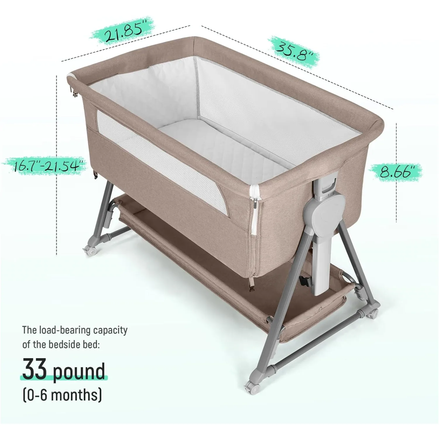 Baby Bassinet, Beside Sleeper for Baby Easy Folding Bedside Bassinet with Storage Basket and Wheels to Reduce Mom's Fatigue