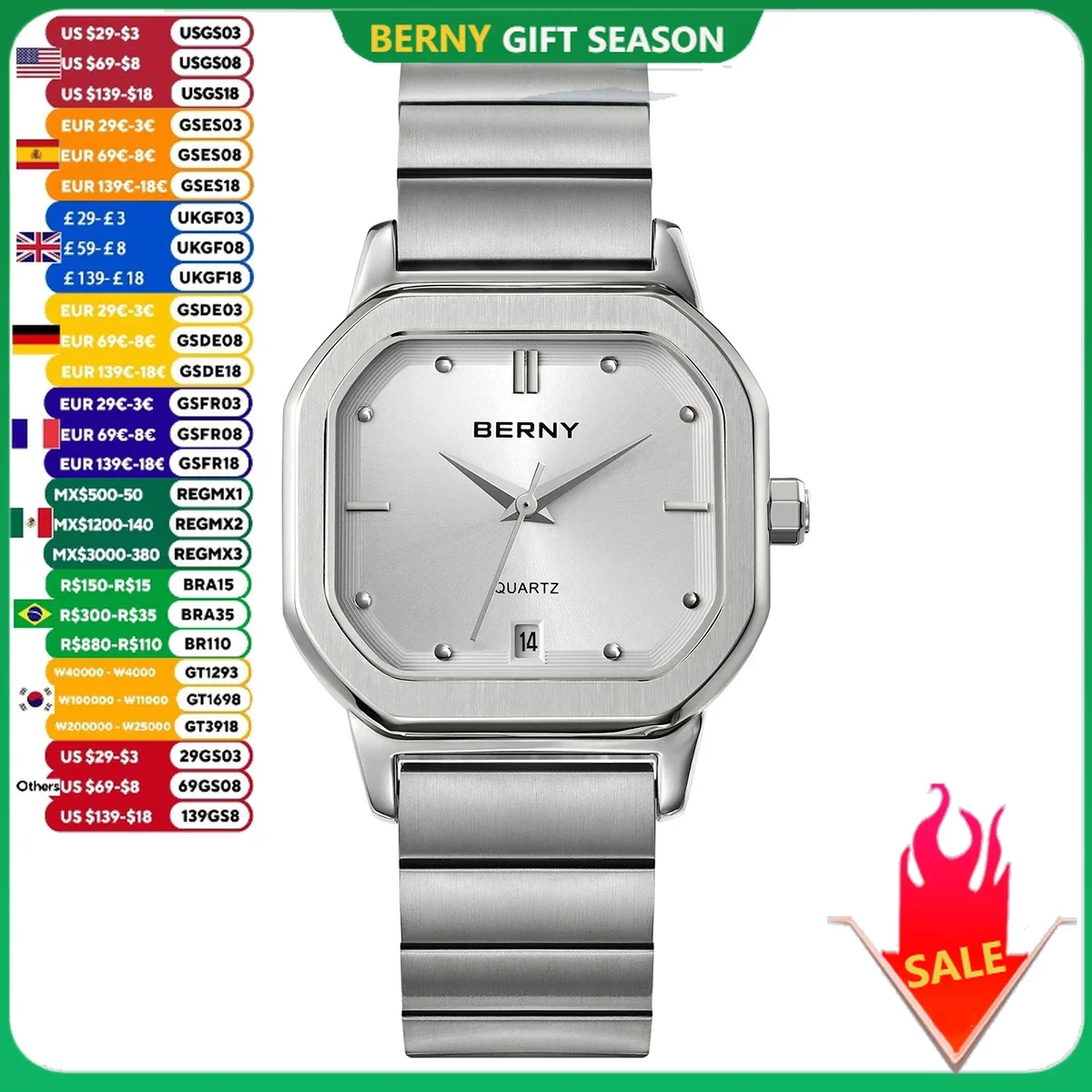 BERNY Watches for Men Calendar Date Full Stainless Steel Square Quartz Men\'s Watch Fashion Business Casual Waterproof Wristwatch