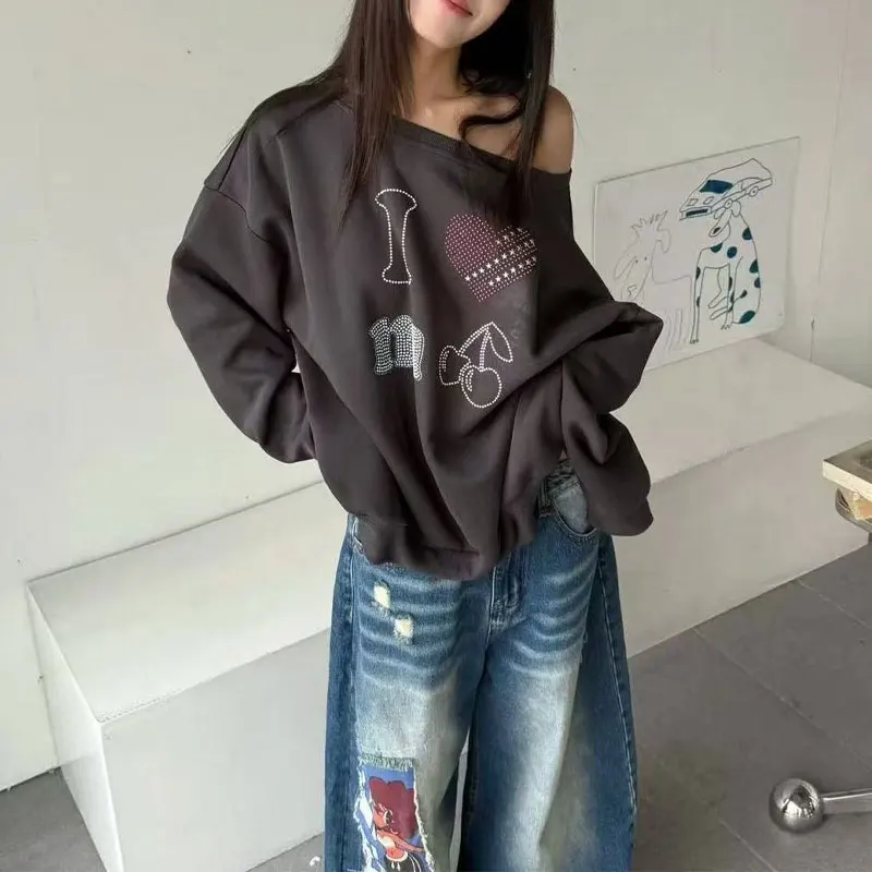 

American Letter Fashionable Diamonds Hoodies Autumn Winter Fleece Skew Collar Women's Clothing Off Shoulder Loose Sweatshirts