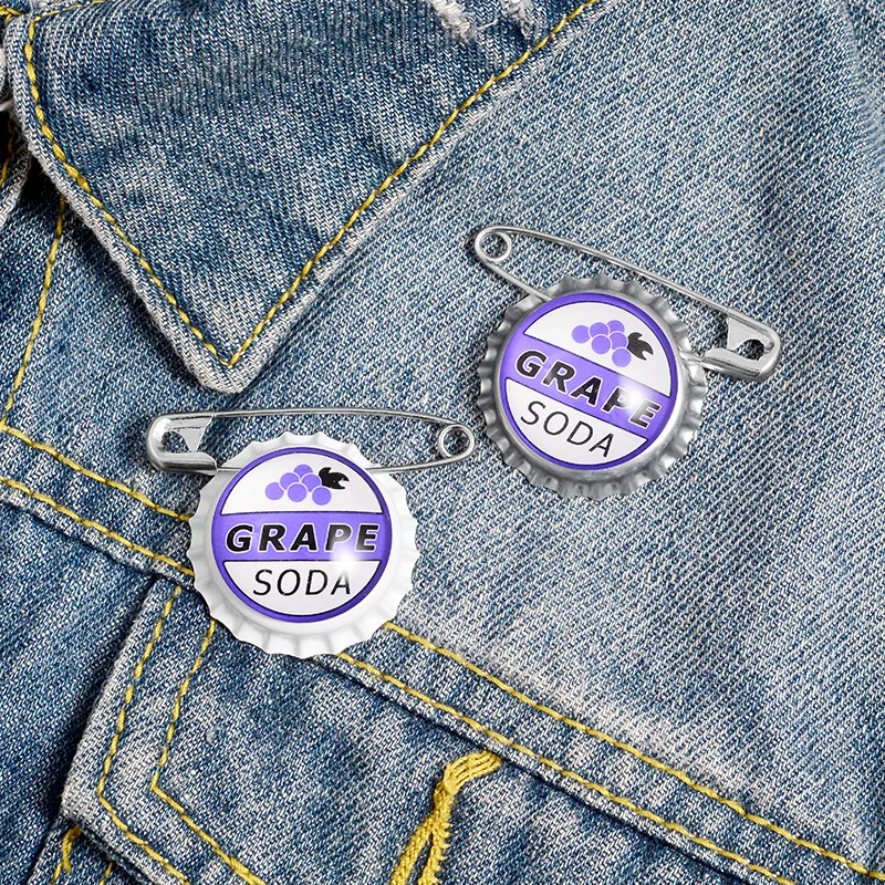 Grape Soda Bottle Caps Pin Carl Japanese Anime Cartoon Movie Badges Jewelry Brooches Denim Shirt Lapel Safe Pins for Kids Gifts