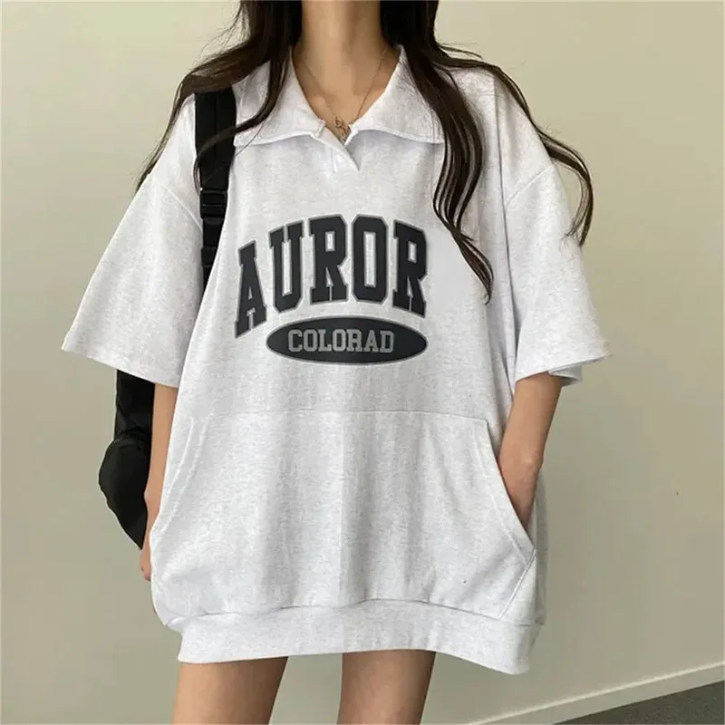 Summer Women Short Sleeve Sweatshirts Harajuku Streetwear Fashion Letter Printed Female Turn-down Collar Hoodies Loose Pullovers