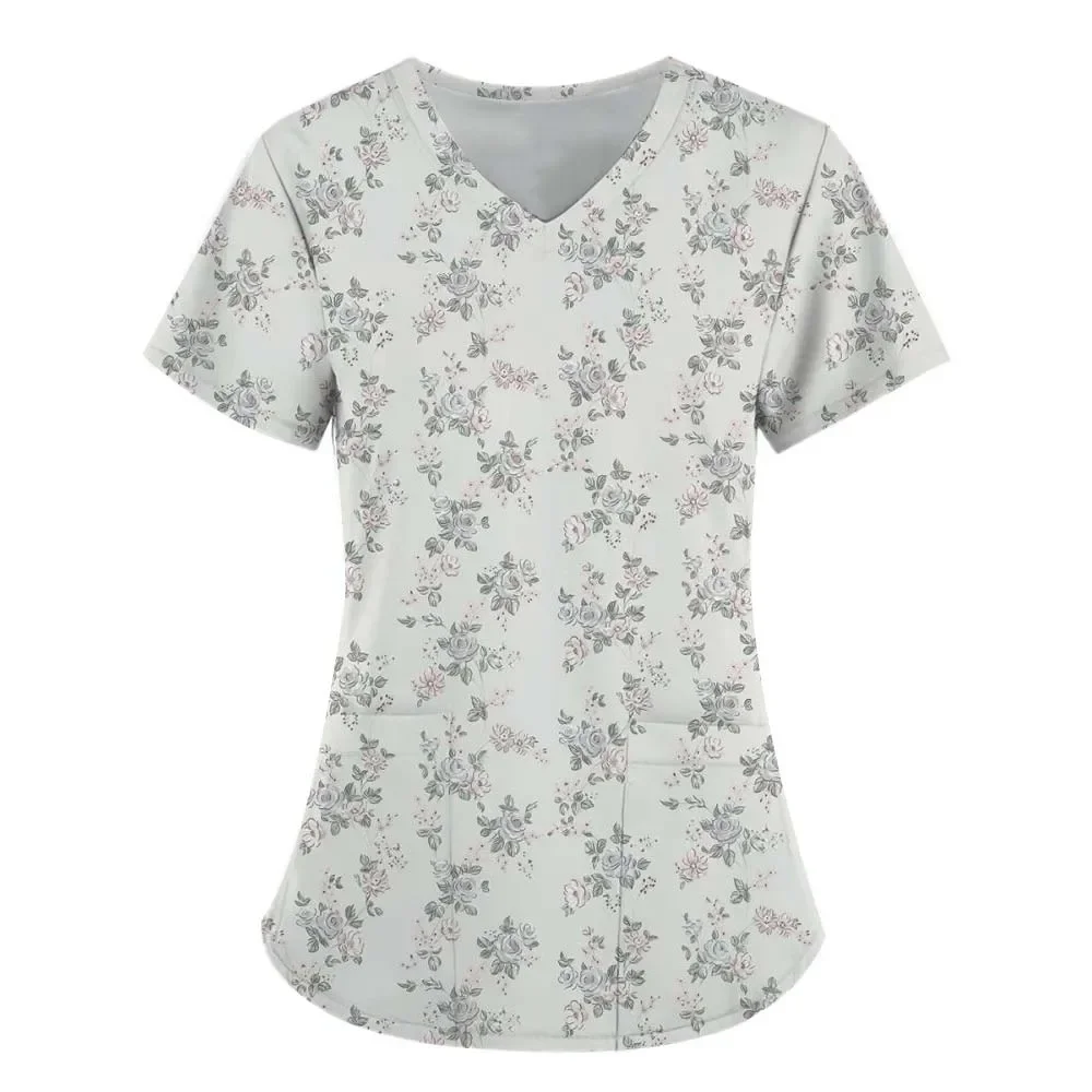 T-shirt manches courtes col V femme, estival et médical, avec poches, motif fleuri, imprimé en 3D, 152, 2025