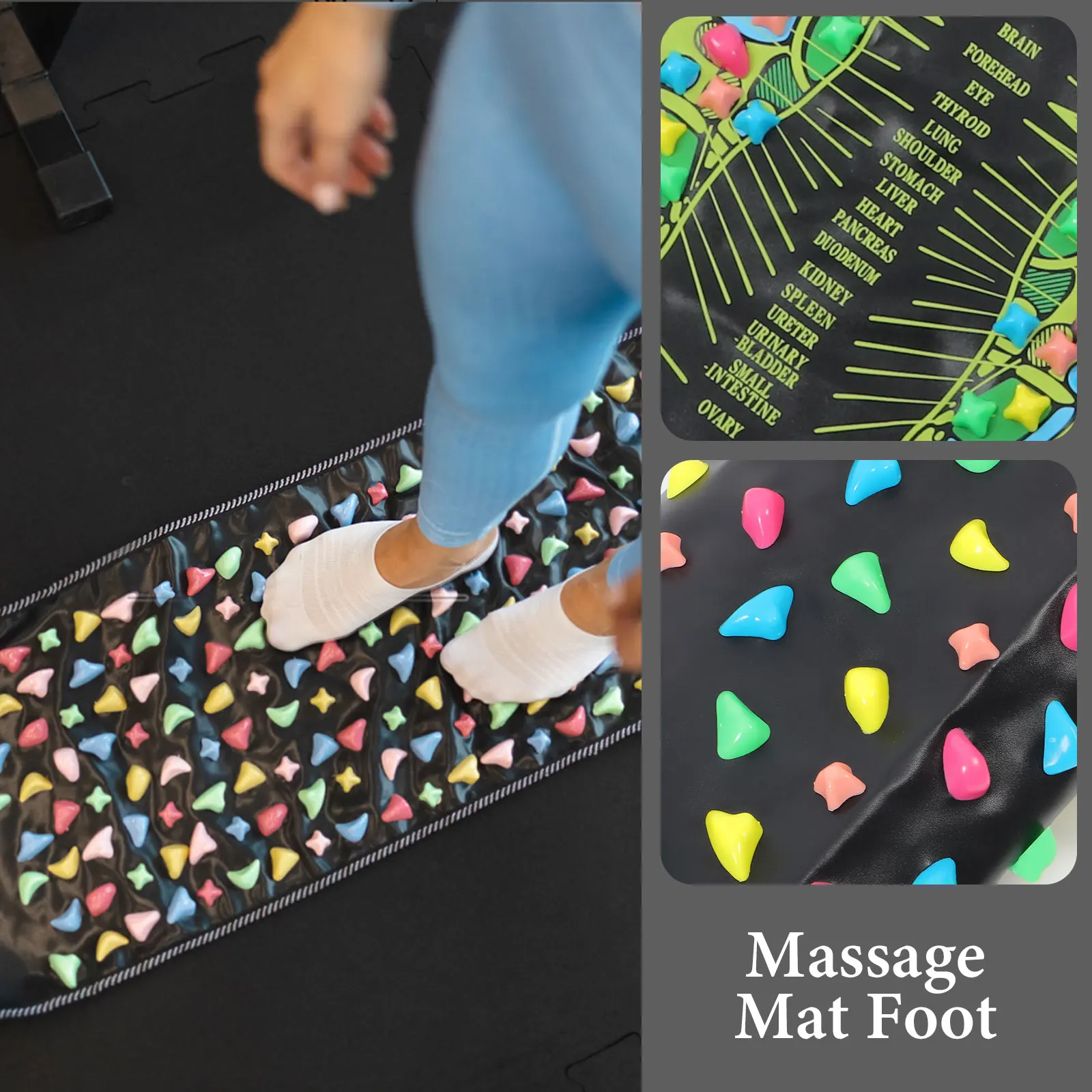 

Массажный коврик 175x35 см для снятия напряжения в ногах, домашний напольный коврик, удобный скручивающийся дизайн, прочная прошивка по краям, черный, со съемными каменными подушечками