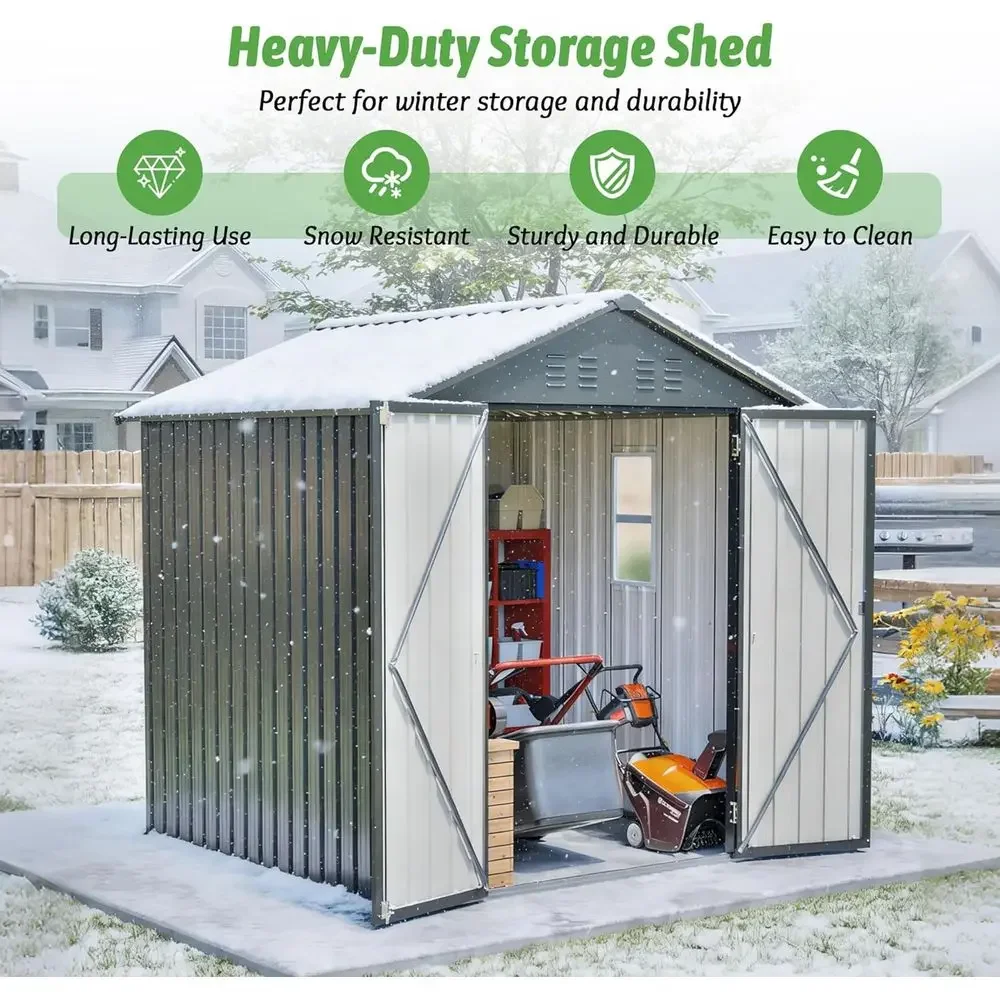 6x6 Galvanized Steel Outdoor Storage Shed with Lockable Door, Sloping Roof, and Clear Window for Garden Tools, Backyard, Patio, view 6