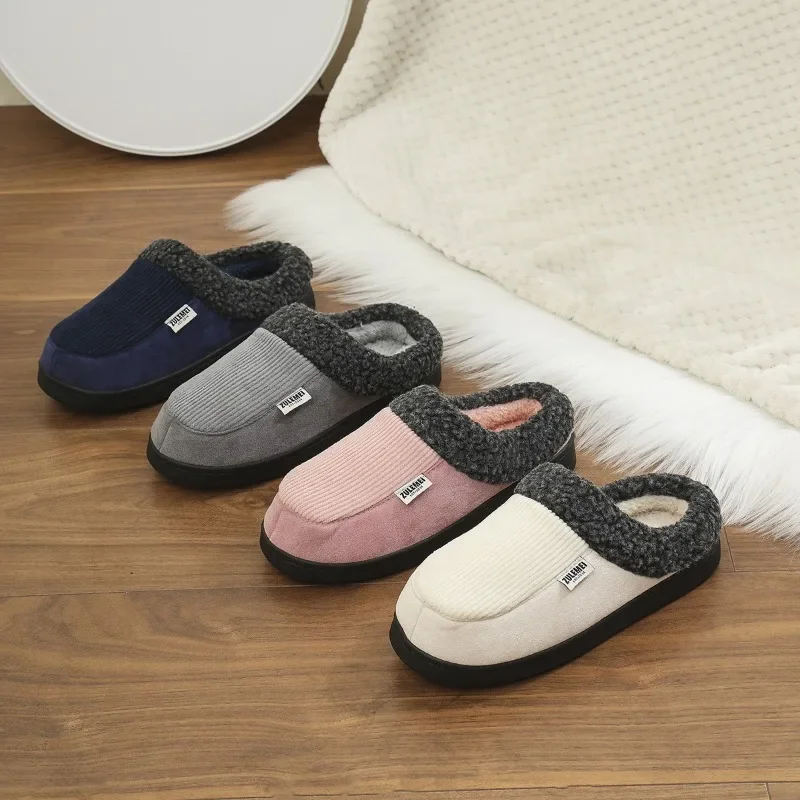 

Women Fashion Faux Fur Slippers Winter Closed Toe Soft Sole Cotton Slides Woman Cozy Warm Fluffy Plush Flat Cotton Warm Slippers