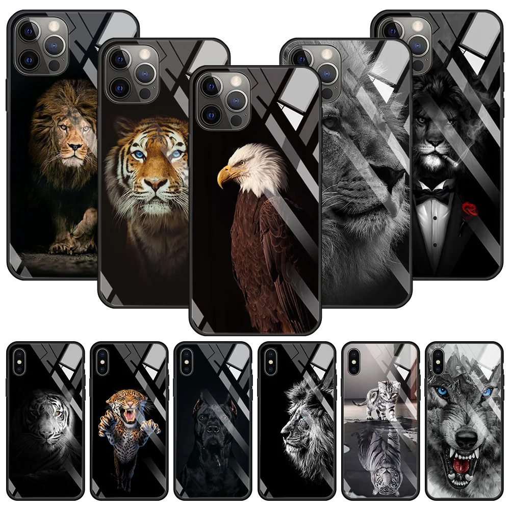 Tempered Glass Case For iPhone 15 14 13 12 11 Pro Max 13Mini X XR XS Max 8 7 6 6s Plus Wolf Dog Cat Bird Lion Tiger Animal Shell