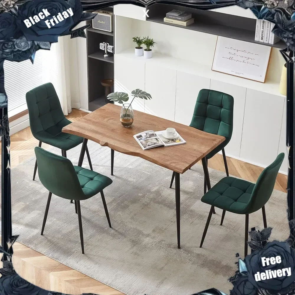 5-Piece Dining Table Set, 47 in Modern Irregular Rectangle Kitchen Table & 4 Forest Green Velvet Upholstery Side Chairs