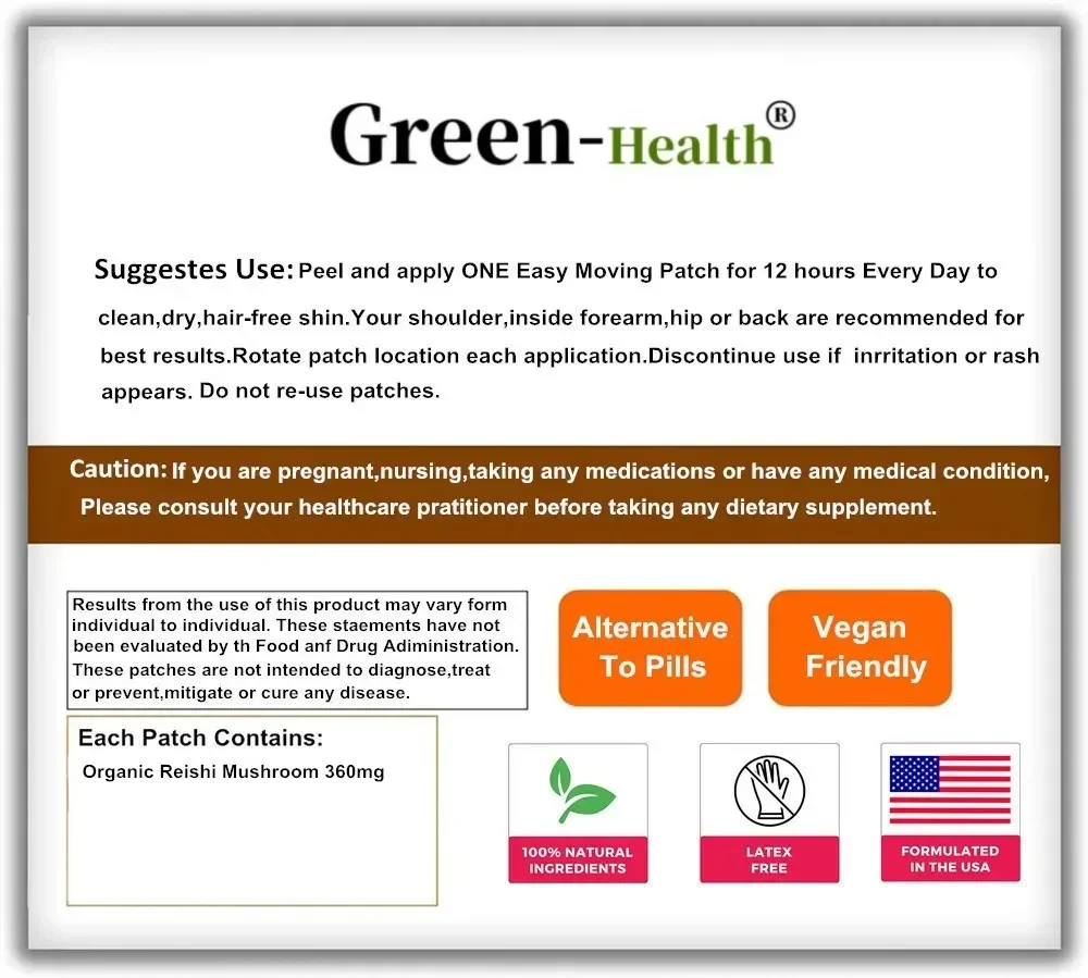 30 Patches Reishi Cogumelo Transdermico Patches Ganoderma Lucidum Orgânico para Apoio Inmunológico, Saúde Cardio e Energia