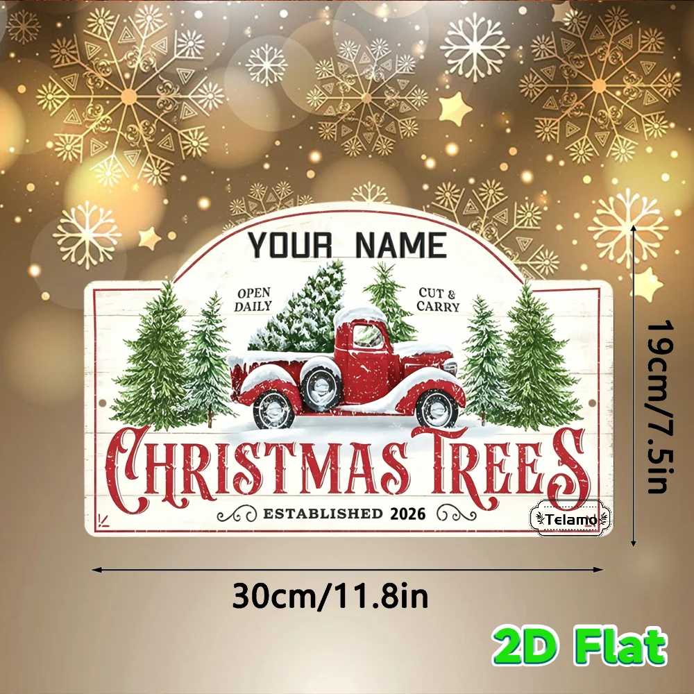 Custom Text Arched Metal Sign, Vintage Red Snow Truck Christmas Tree Print, Christmas Wall Decor, Porch Living Room Decor, Holid