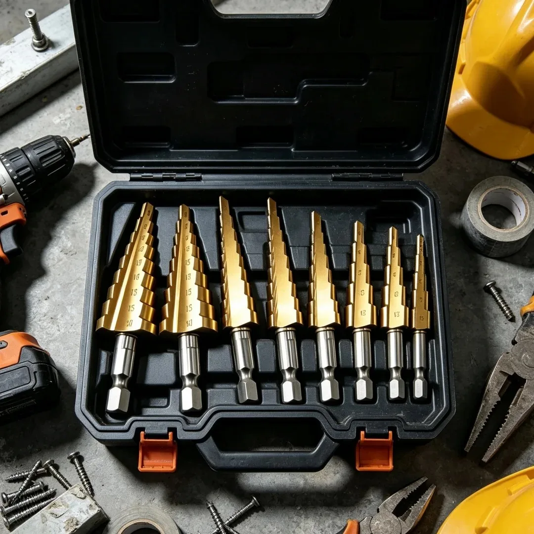 3pcs Step Drill Bit Set, Tapered Bits,Pagoda Hss Steel Titanium Plated for Drilling Reaming, Works on Metal,Wood,PVC, Acrylic