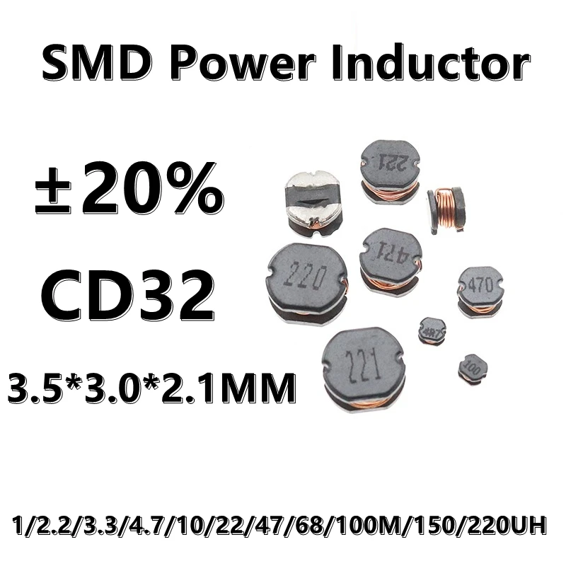 Inductor de potencia bobinado 1/2, 1UH 1R0 CD32 SMD, 10 piezas. 2/3.3/4.7/10/22/47/68/100M/150/220UH ± 20% 3,5x3,0x2,1 MM