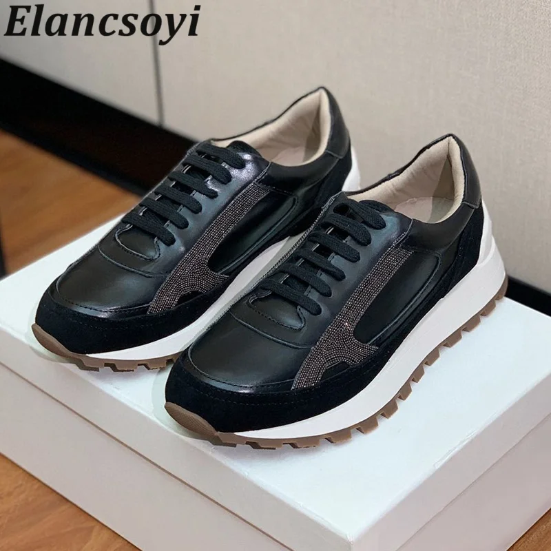 Thick Bottom Daddy Shoes Women String Bead Lace Up Breathable Leisure Sneakers Spring Autumn Patchwork Mixed Color Running Shoes