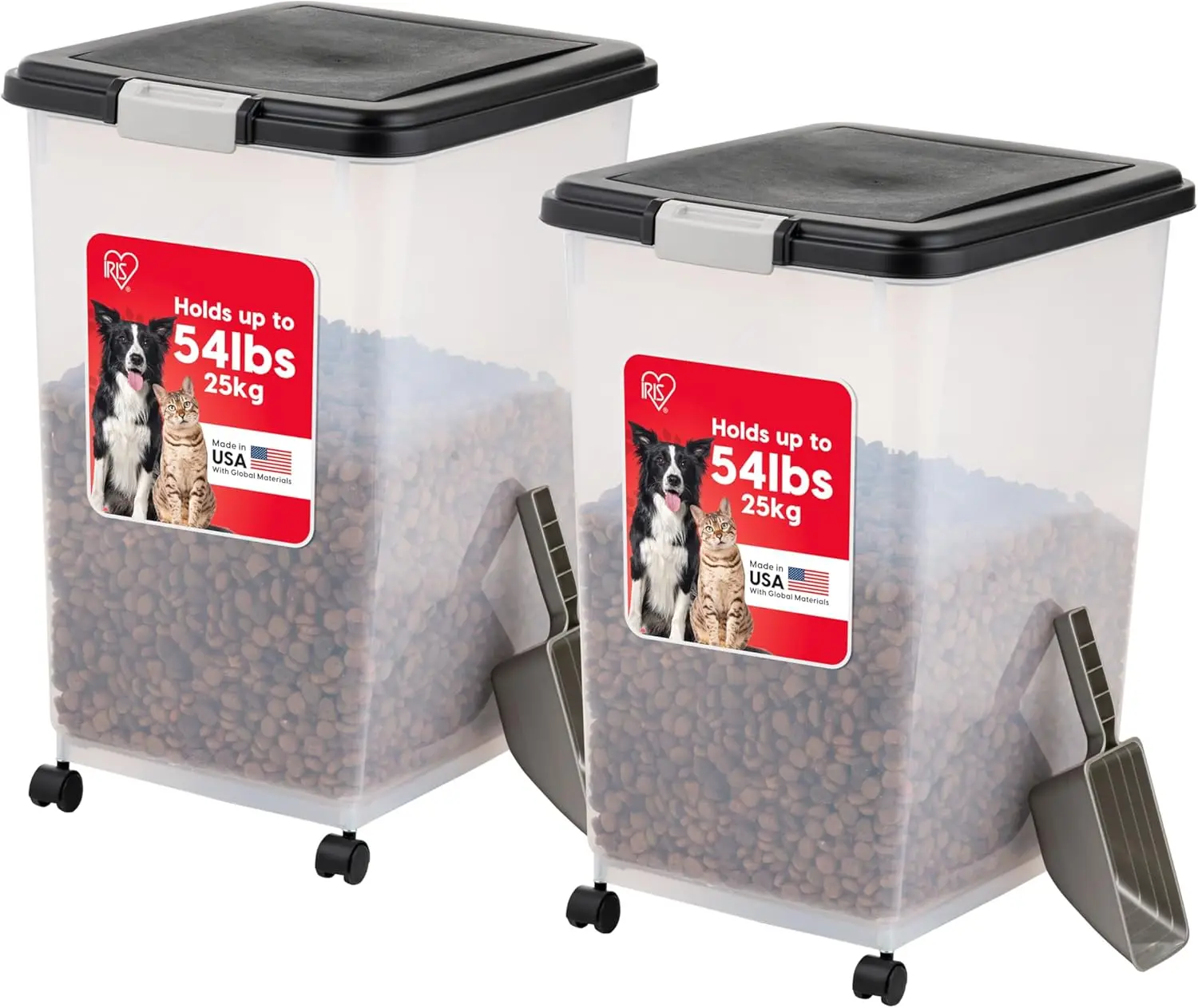 

Airtight Pet Food Storage Container with Wheels, Translucent Body, Holds Up to 54 lbs, Easy Mobility, 2-Pack Black