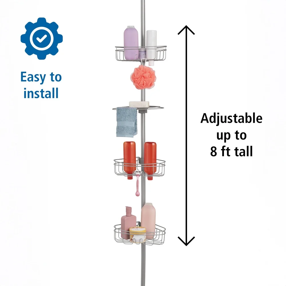 Rust-Resistant Tension Rod Shower Caddy 3 Tier Corner Storage Adjustable 5-8ft with Soap Tray Hooks and Razor Holders