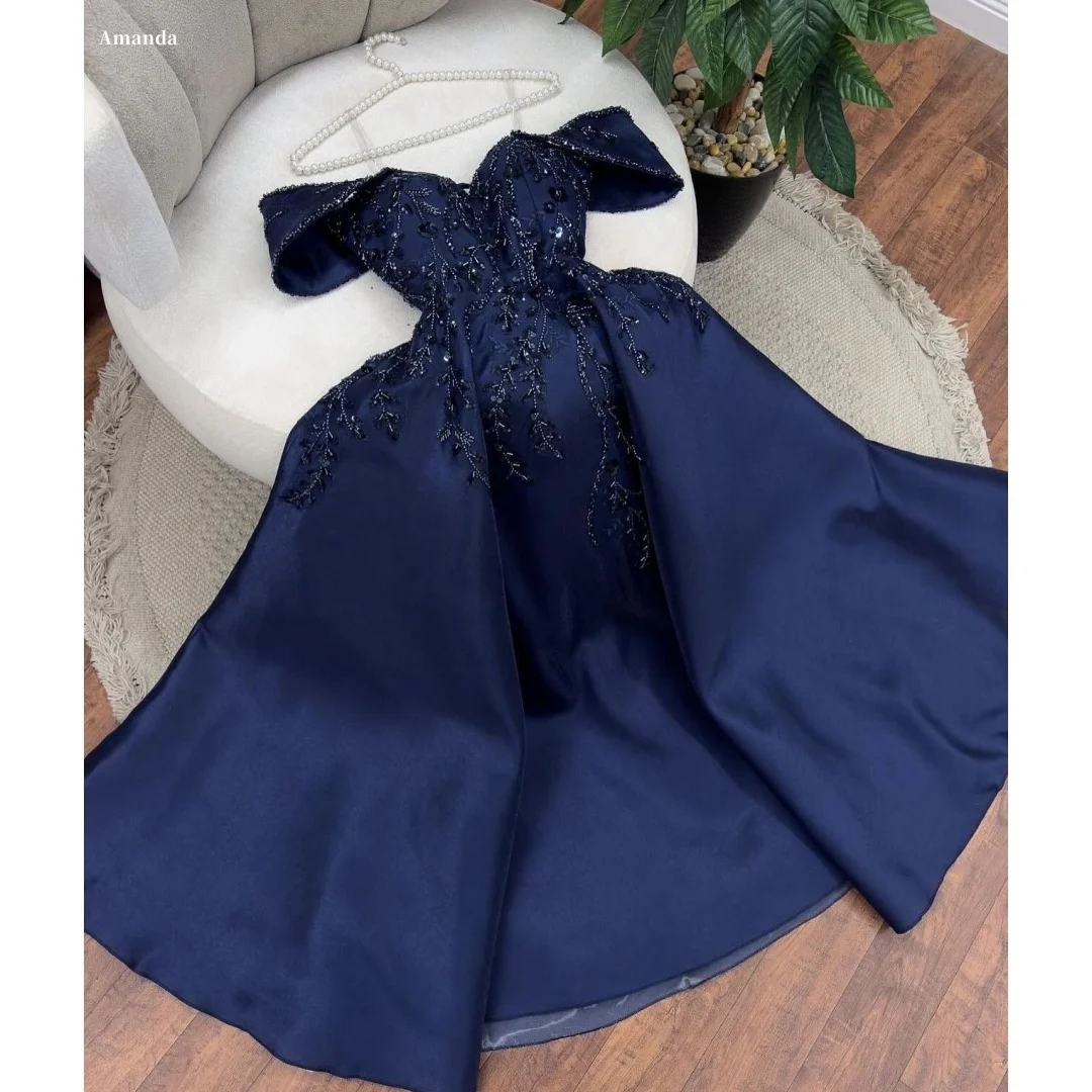 

Amanda Customized Navy Satin Off-Shoulder Prom Dress Beaded Embroidery Puff Sleeve vestidos de noche Ball Gown Formal Evening
