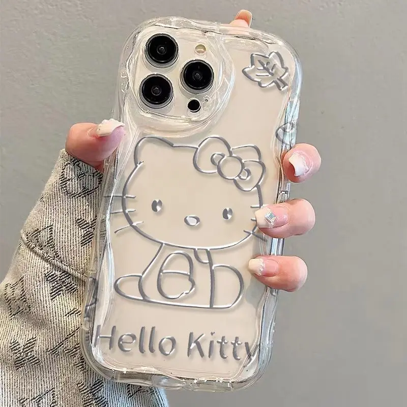 Sanrio Hello Kitty Curved Silver Lines KT Phone Case For iPhone 16 15 14 13 12 11 ProMax XR XS MAX 7 8Plus Y2K Girls Laser Cover