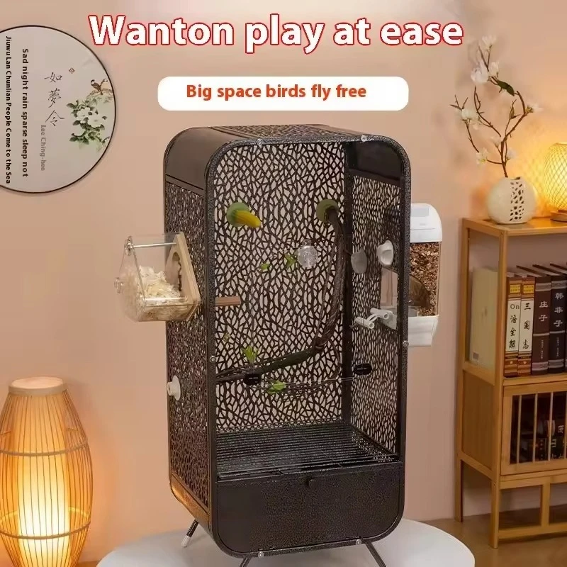 The new solid pattern panoramic bird cage splash-proof home showcases cages made of metal for birds and pets