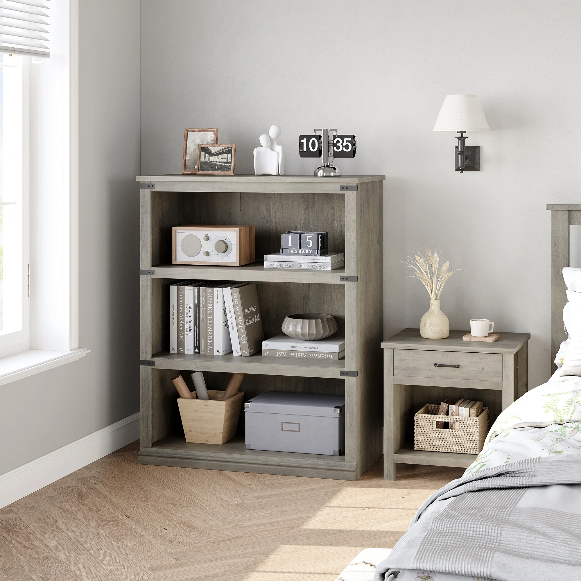 3-stöckiges Farmhouse-Bücherregal mit Stauraum, offenes Display-Bücherregal, hohes Bücherregal, Holzmöbel für Büro und Wohnzimmer – Detail 7
