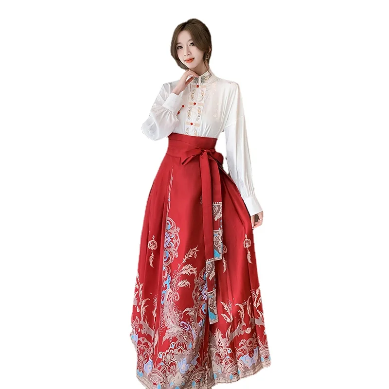 New Chinese Style Improved Horse-Face Skirt Suit Two Piece Set Women\'s Spring Summer Outfits New Long Sleeve Shirt Hanfu Skirt