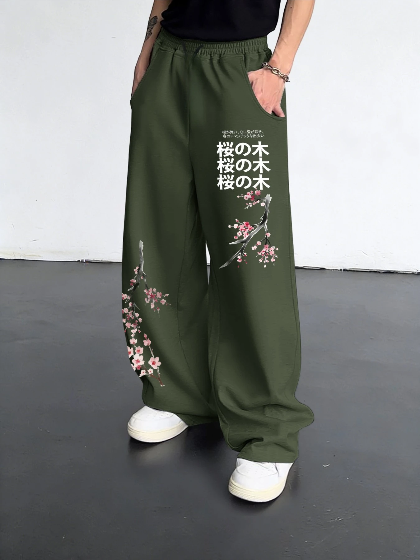 Herrenhose mit japanischem Kirschblüten-3D-Print, lässige Streetwear-Hose, lockere Damenhose im Harajuku-Stil – Detail 4