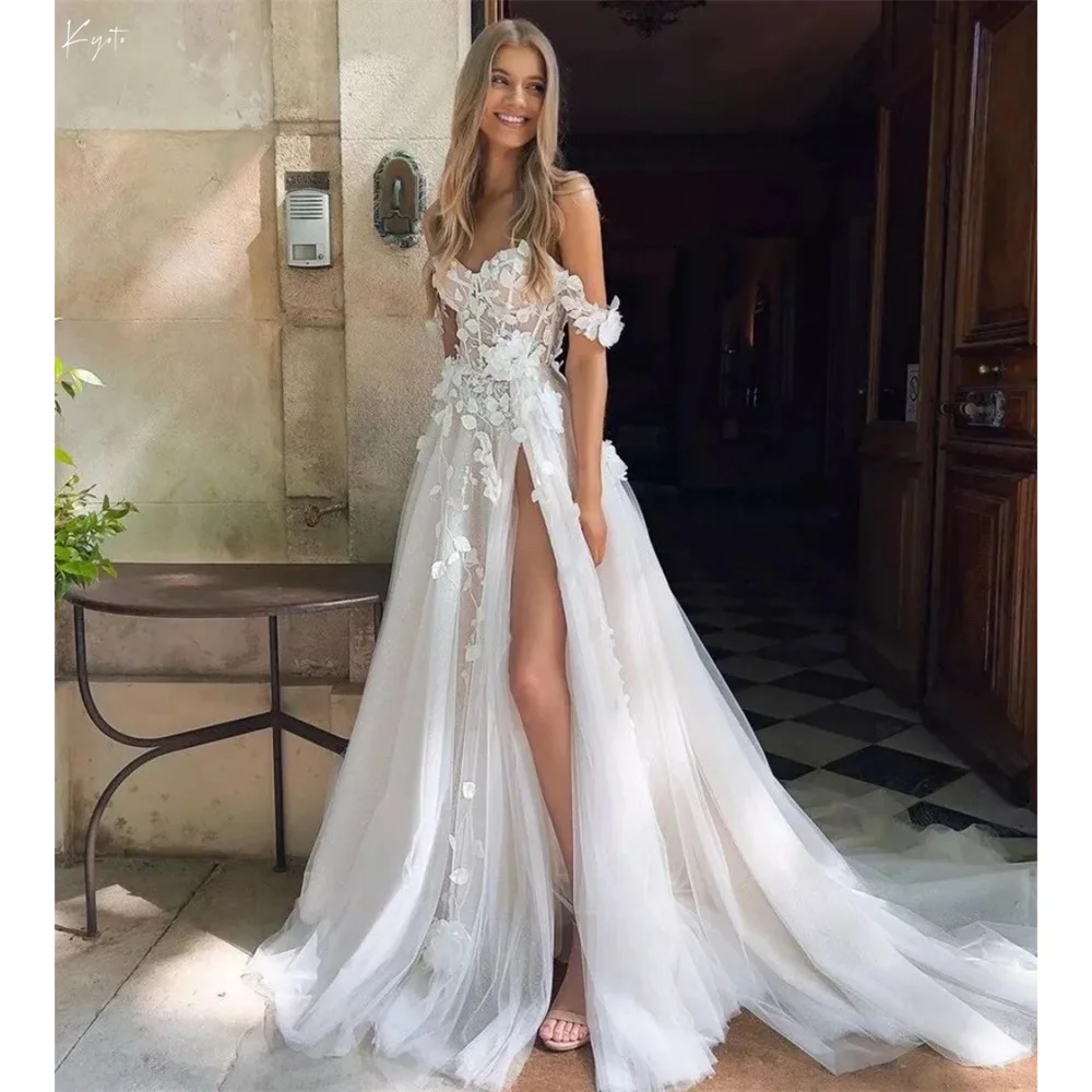 

Kyoto 3D Lace Appliques With Slit Wedding Dress White Off The Shoulder vestidos de novia A-line Tulle Customized Evening Dresses