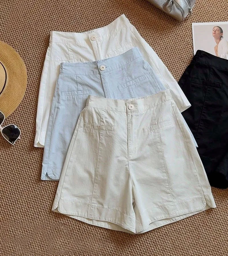 2025 Pantaloncini nuovo stile in cotone lavato Pantaloni a gamba larga a trapezio comodi ed eleganti per l'estate con design a vita alta