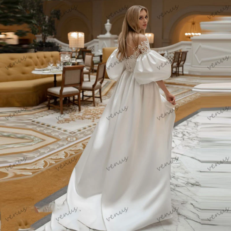 Modern Wedding Dresses A-Line Bridal Gowns Satin Robes With Puff Sleeves Sexy High Slit Floor Length Glamorous Vestidos De Novia