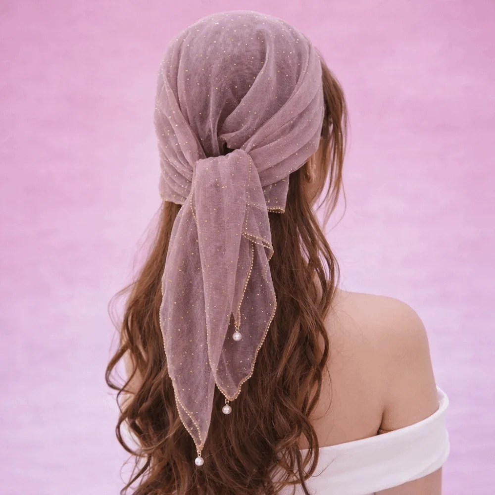 

Pearl Tassel Rhinestone Square Scarf Lace Trim Solid Color Full Sky Star Headwrap Breathable Fabric Hair Wrap