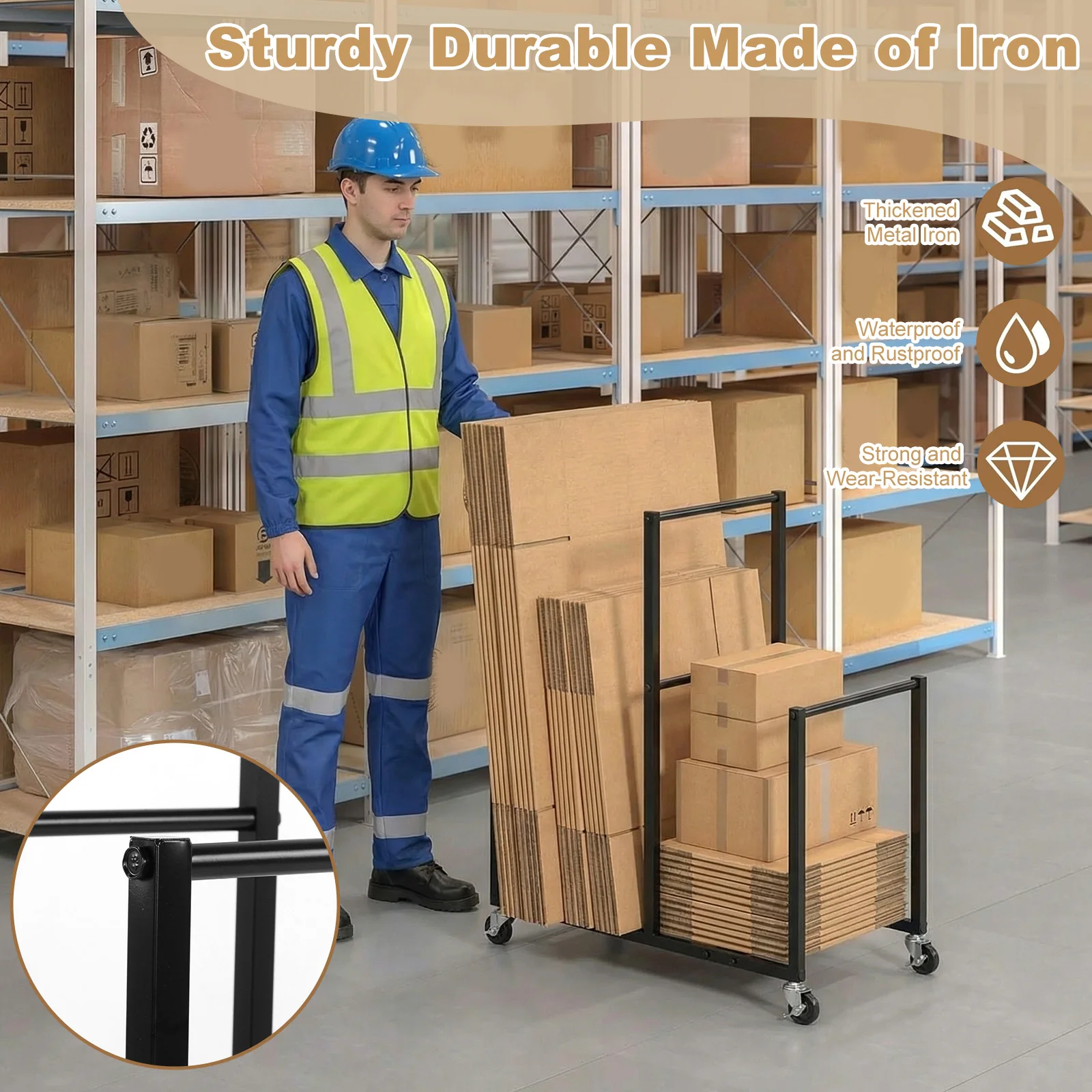 

Portable Cardboard Box Storage Rack with Wheels Portable Carton Cart 41x26x14inch for Party Events Hotel Factory Warehouse