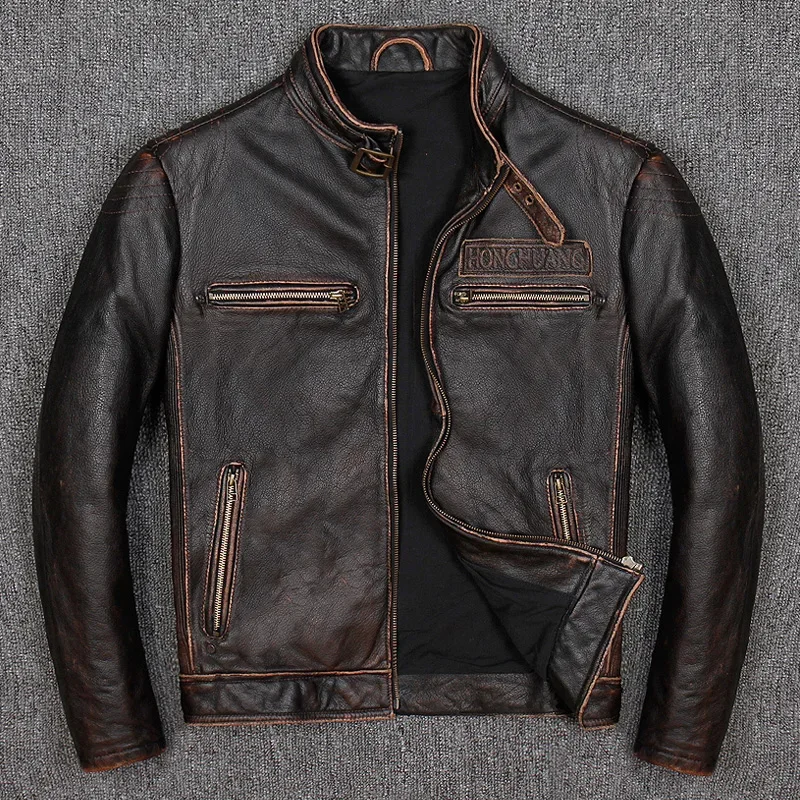 2024 Brand Locomotive Cowhide Jacket Male Vintage Thick Genuine Leather Zipper Coat Autumn Winter Slim Fit