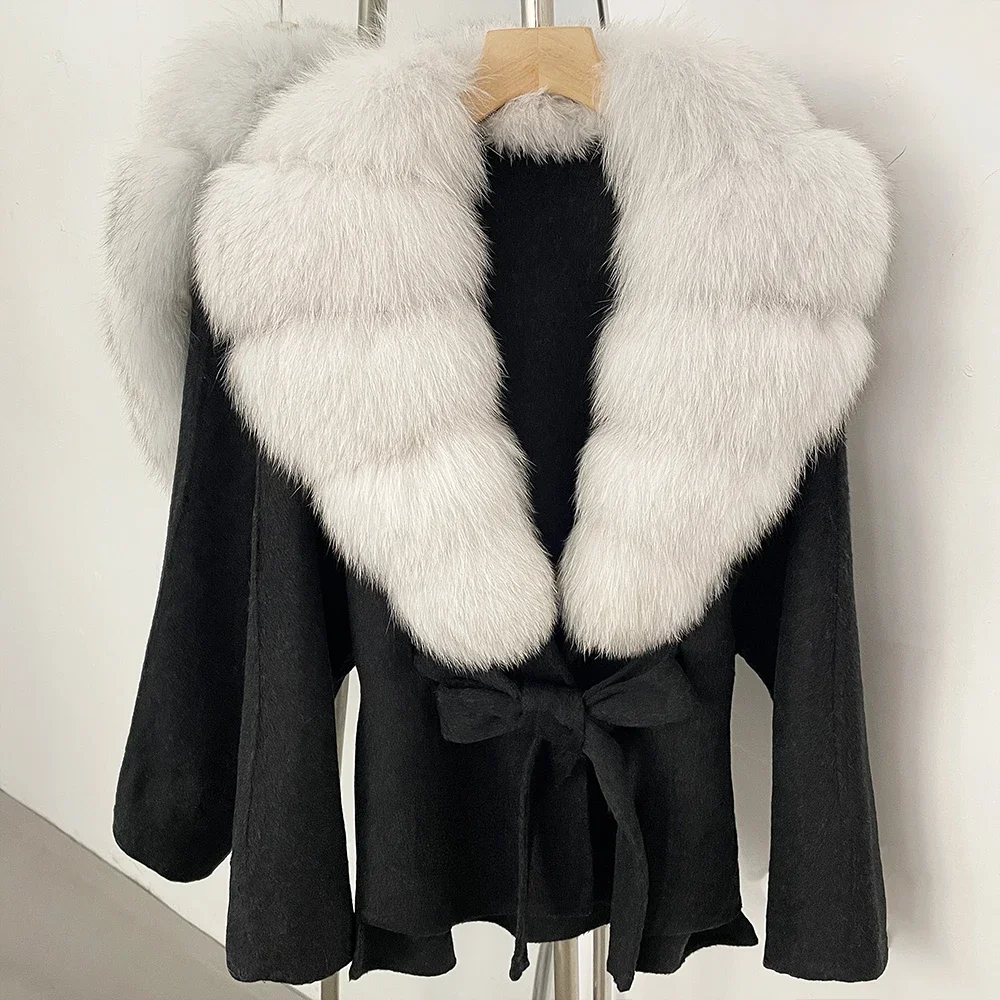 OFTBUY Neue Winterkleidung für Damen, Luxuriöser Kurzer 100% Wollmantel mit Natürlichem Pelzkragen, Warmem Gürtel und Echtem Fuchspelz, Wolljacke für Damen – Detail 16