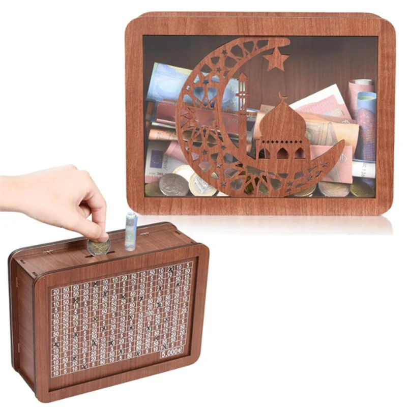 ABXE-ไม้ Piggy Bank สําหรับเด็กผู้ใหญ่,กล่องเงินพร้อมเคาน์เตอร์,ประหยัดเงินดีบุก,กล่องเงินนับเป้าหมายทนทาน 10000 Eu